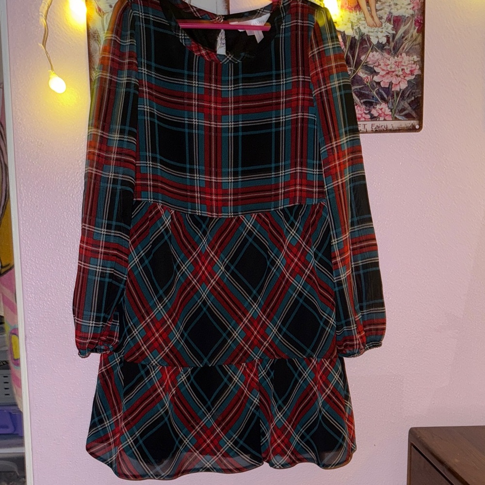 Draper James Red, Black & Teal Plaid Tiered Kids Dress